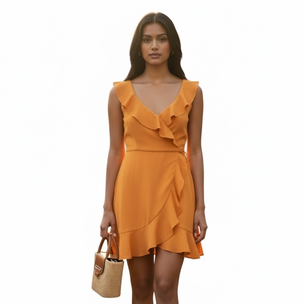 Laundry Shelli Segal Faux Wrap Ruffle Hem Mustard Yellow Fairy Y2K Dress 8 NWT